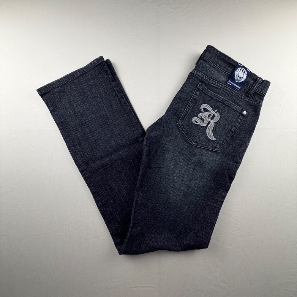 Rock & Republic Straight Leg Jeans Womens 31 Dark Wash Embroidered R Denim 0286‎